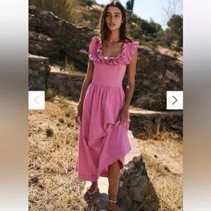Free People Ruffle Neckline Pink Apron Midi Dress
